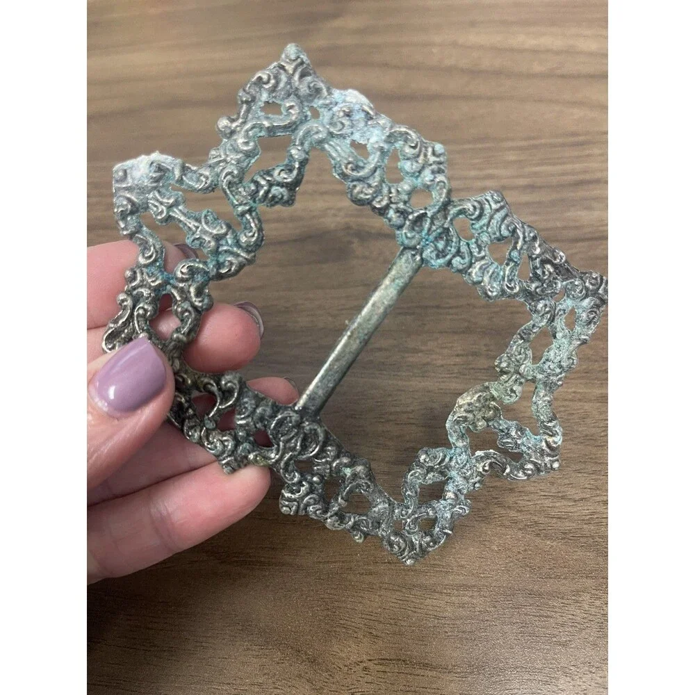 Antique Silver tone Patina Metal Belt Buckle Sash Large Victorian Style